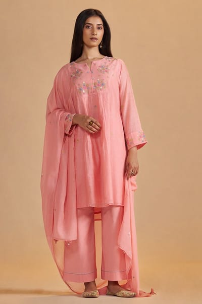 Coral Almond Chanderi Silk A-Line Embroidered Kurta Set