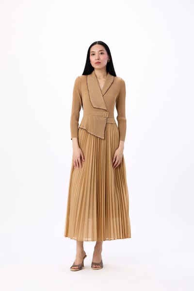 Light Mocha Wrap Maxi Dress with Pleated Skirt