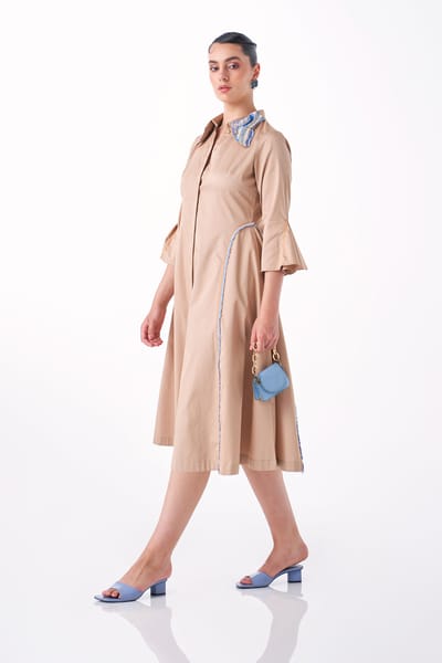 Khakhi Cotton Satin Fit and Flare Midi Shirt Dress