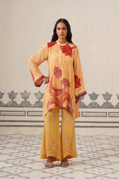 Biscuit and Red Printed Crepe Kurta Set with Embroidery