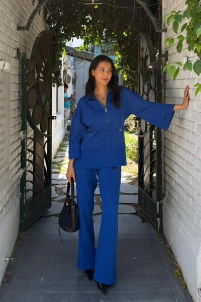 Electric Blue Half-Zip Co-ord Set with Bell-Bottom Pants
