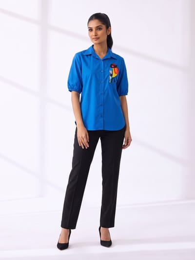 Blue Cotton Button-Down Shirt with Bird Embroidery