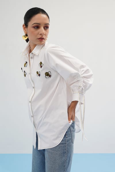 White Cotton Bee Motif Embroidered Button-Down Shirt