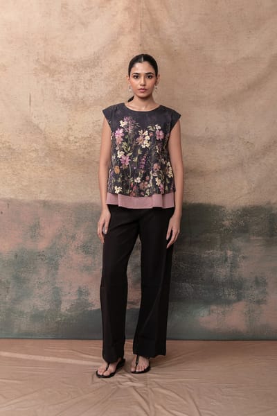 Black Floral Layered Hem A-Line Tunic Top