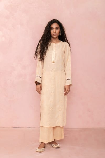 Beige Linen Asymmetric Kurta Set with Embroidered Buttis