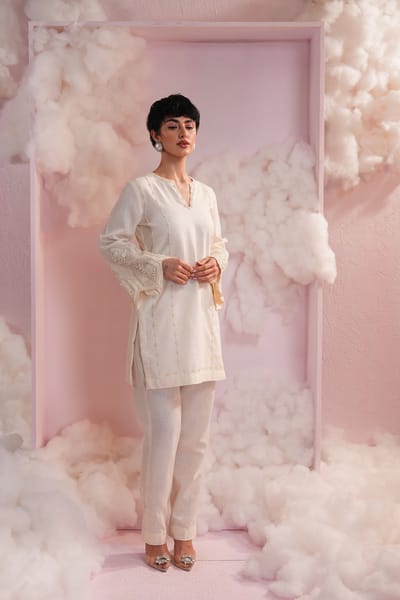 Cream Pearl-Embroidered Kurta and Pant Co-ord Set