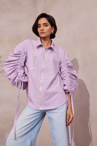 Sweet Lavender Zip-Front Shirt with Ruched Sleeves