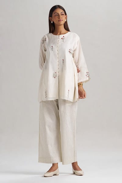 Ivory Mul-Mul Printed Kurta and Striped Pants Co-ord Set