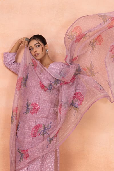 Pink Printed A-Line Cotton Kurta Set with Dupatta