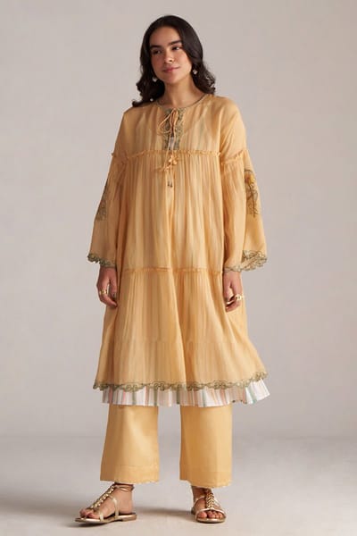 Apricot Cream Kota Silk Tiered Kurta Co-ord Set