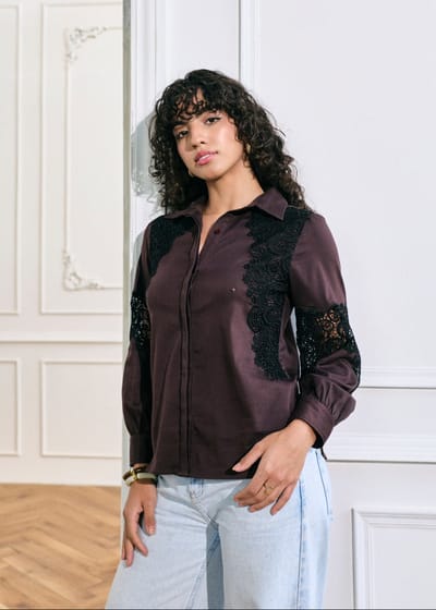 Brown Cotton Satin Shirt with Black Lace Panels