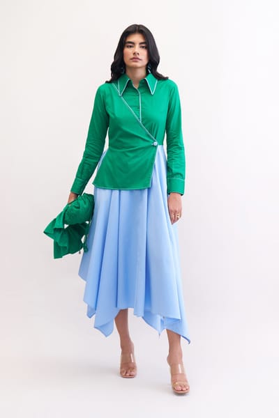 Emerald and Blue Colorblock Fit and Flare Midi Dress