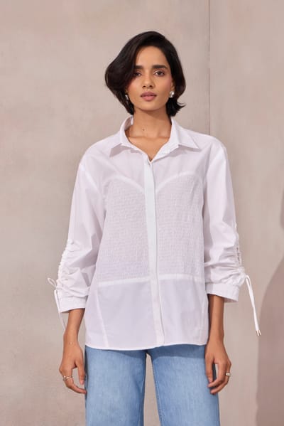 Bright White Smocked Bodice Button-Down Shirt