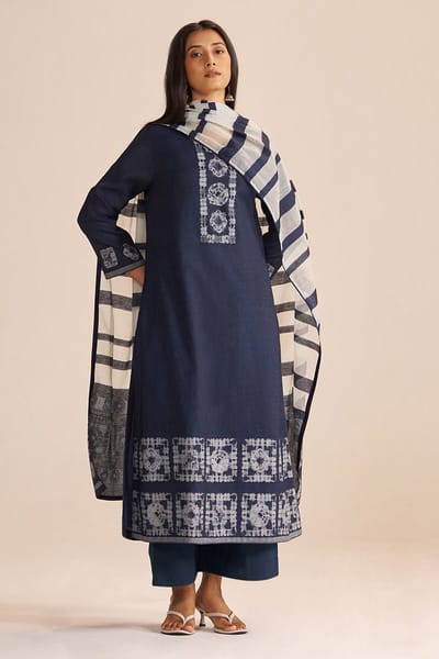 Denim Blue Straight Kurta Set with Striped Dupatta