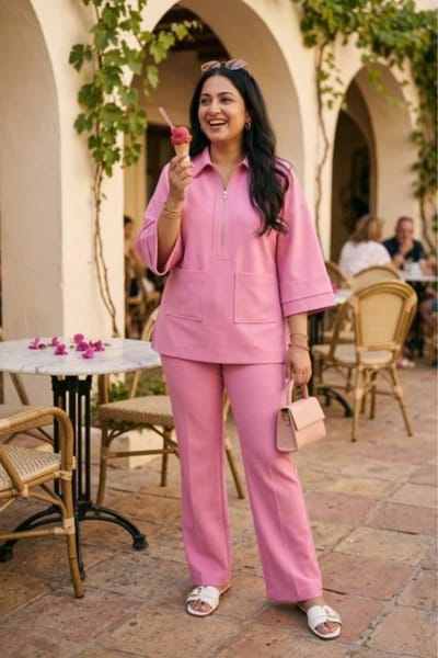Pink Banana Crepe Half-Zip Co-ord Set with Flared Pants