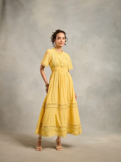 Yellow Lace Cutwork Fit and Flare Maxi Dress