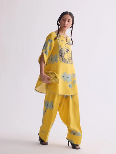 Yellow Gauze Linen Floral Printed Kurta Set with Salwar