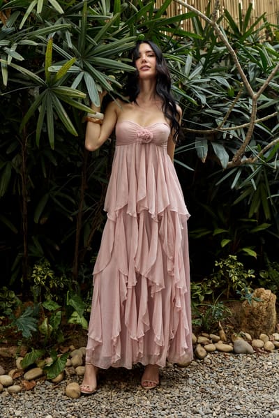 Pink Chiffon Strapless Sweetheart Ruffle Maxi Dress