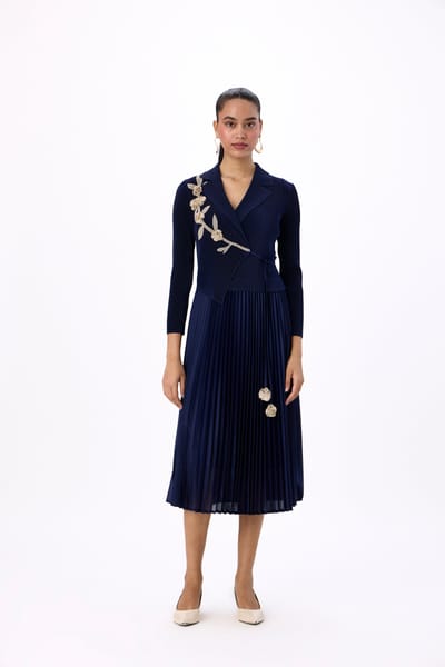 Navy Wrap Midi Dress with Pleats and Floral Appliqué