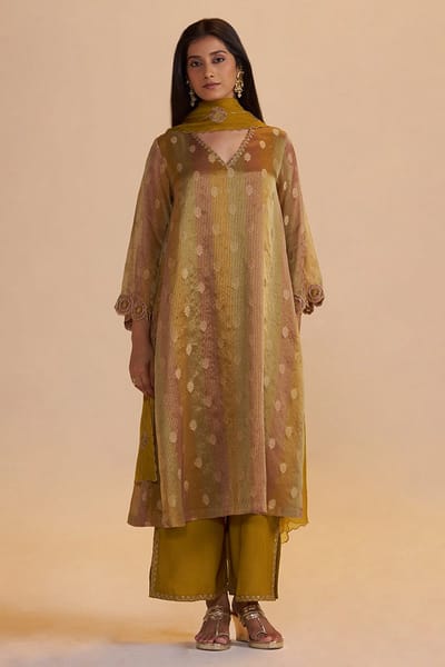 Mustard and Brown Zari Woven Silk Kurta Set with Dupatta