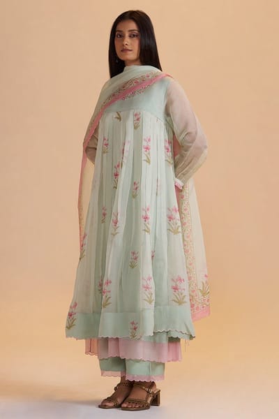 Milky Pistachio Green Floral A-Line Kurta Set