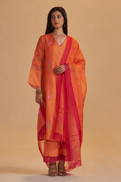 Dusty Orange Silk A-Line Kurta Set With Contrast Dupatta