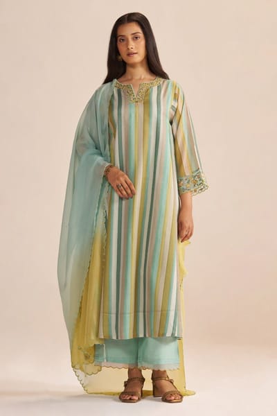 Teal and Yellow Striped A-Line Kurta Set with Ombre Dupatta