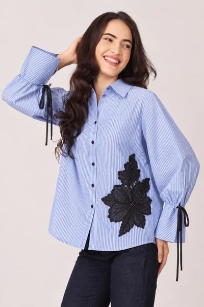 Blue/White Striped Shirt with Black Floral Appliqué