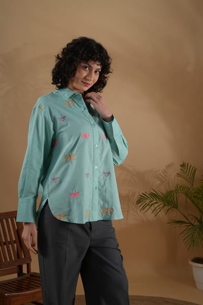 Mint Oversized Bug Embroidered Cotton Linen Shirt