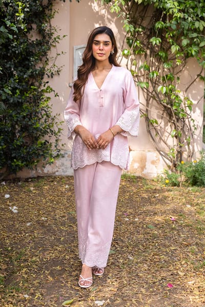 Blush Pink Linen-Cotton Cutwork Co-ord Set