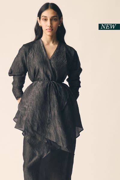 Black Crinkled Organza Wrap Top and Midi Skirt Co-ord Set