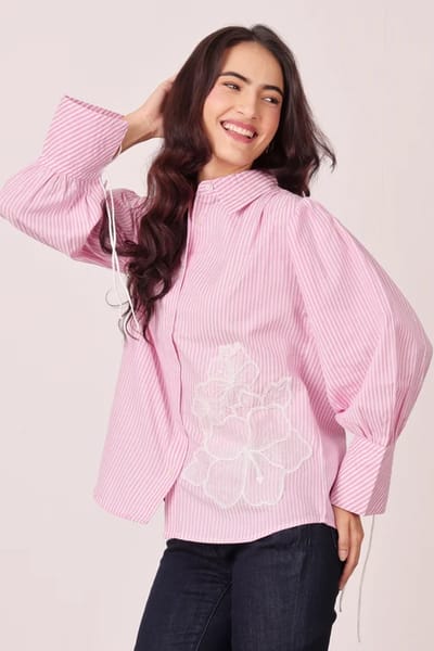 Pink and White Pinstripe Shirt with Floral Appliqué