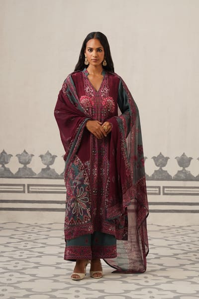 Burgundy Charcoal Printed Embroidered Kurta Set