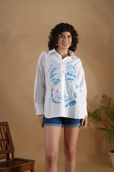 White Oversized Embroidered Cotton Shirt