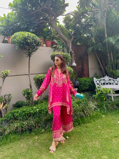 Pink Neck-Embroidered Tunic and Palazzo Co-ord Set