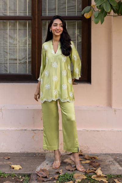 Green Embroidered Tunic and Straight Pants Co-ord Set