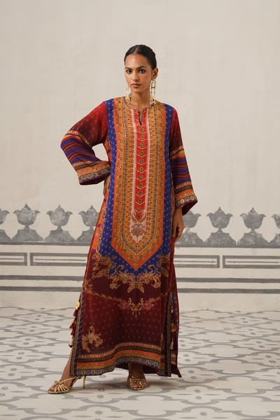 Multicolor Printed Maxi Kaftan Dress with Embroidery