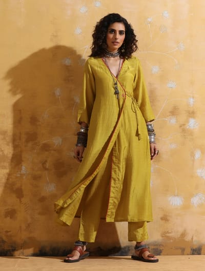 Lime Muslin Silk Angrakha Kurta and Pant Set