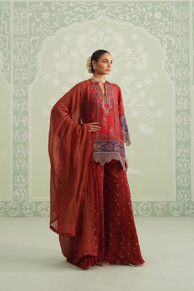 Rust Printed and Embroidered Kurta Sharara Set