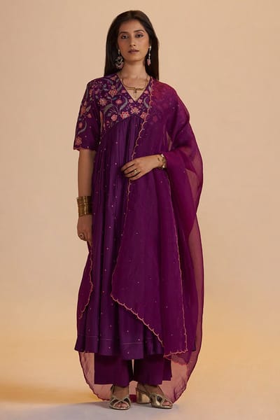 Purple A-Line Embroidered Kurta Set with Dupatta