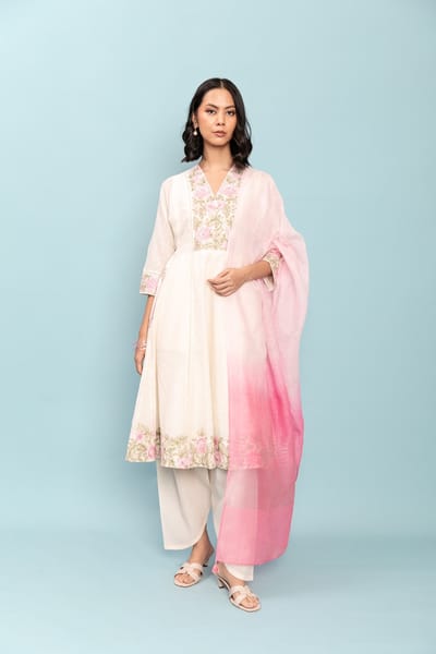 Ivory and Pink Embroidered Kurta Set with Ombre Dupatta