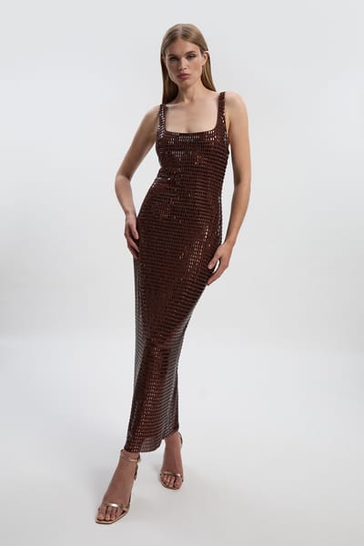Chocolate Embellished Square Neck Bodycon Maxi Dress