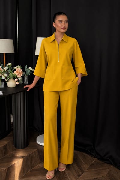 Mustard Half-Zip Top and Bell-Bottom Pants Co-ord Set