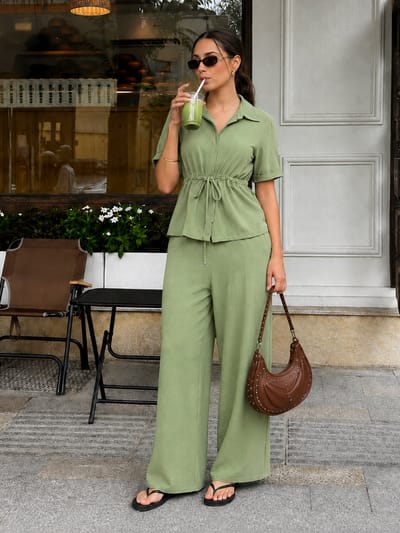 Sage Green Drawstring Waist Co-ord Set with Wide-Leg Pants