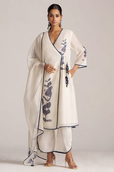 Ivory and Navy Printed Angrakha Chanderi Kurta Set