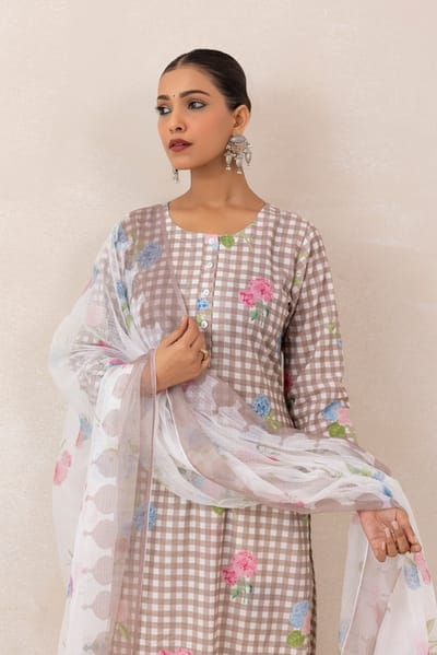 Mushroom Grey Checked Floral Print Cotton Kurta Set