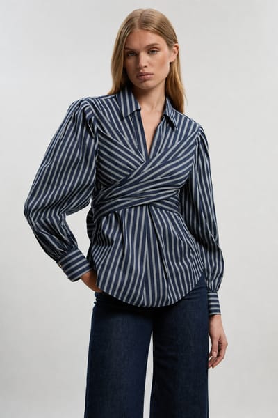 Navy Pinstripe Wrap Shirt with Back Bow Tie
