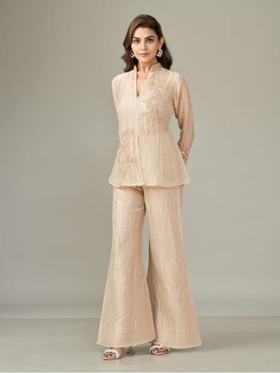 Champagne Embroidered Jacket and Wide-Leg Pants Co-ord Set