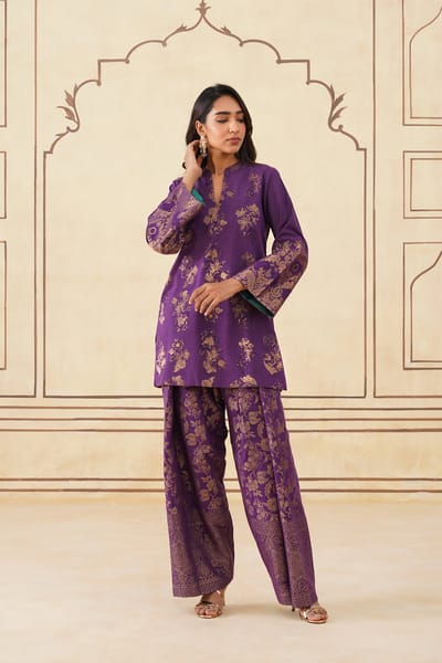 Wine Brocade Straight Kurta Set with Zari Motifs