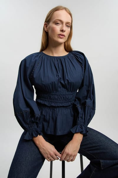 Navy Cotton Smocked Waist Peplum Top